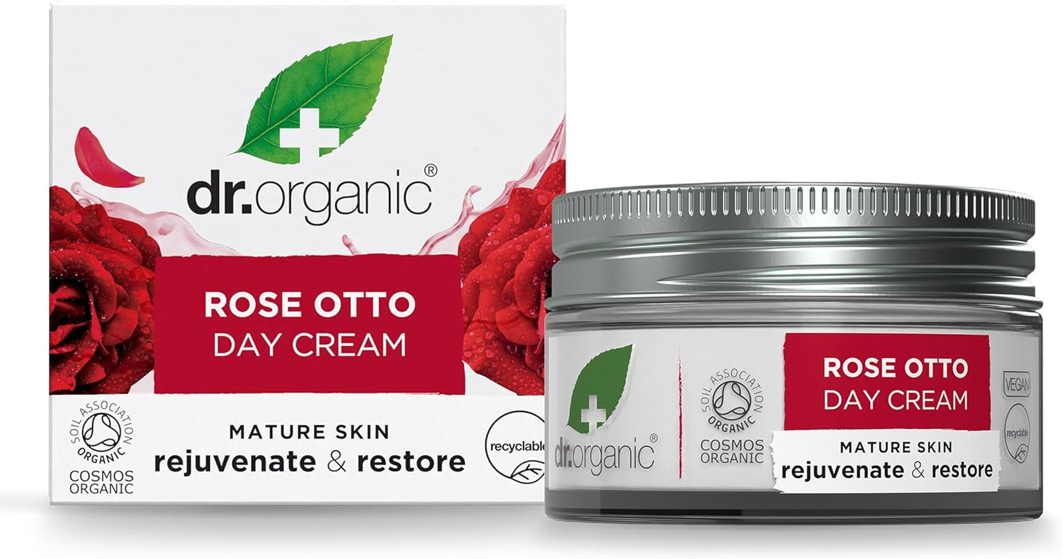 Dr Organic Rose Otto Day Cream, Moisturising, Wrinkles, Mens, Womens, Mature Skin, Natural, Vegan, Cruelty-Free, Paraben & Sls-Free, Plastic Free, Organic, 50Ml, Packaging May Vary