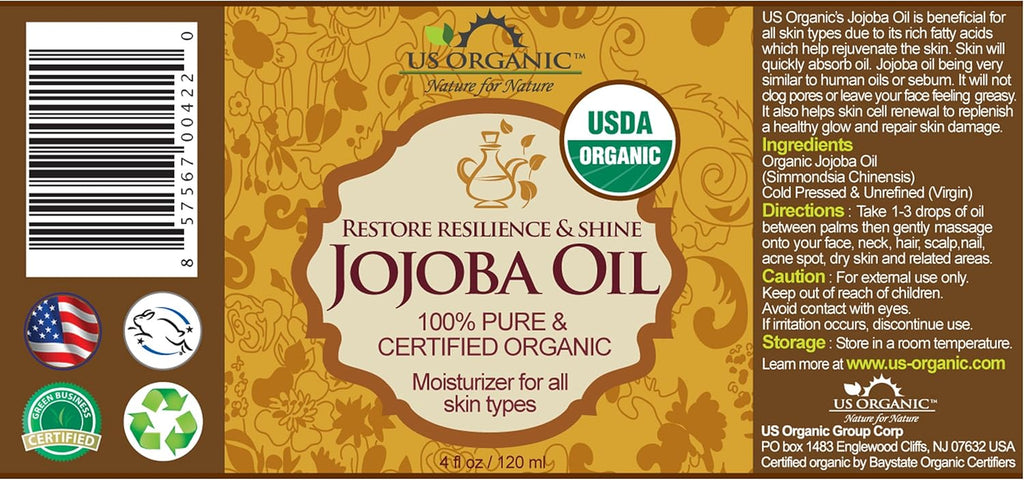 Jojoba Oil, USDA Certified Organic,Pure & Natural, Cold Pressed Virgin, Unrefined, Haxane Free (Regular (4Oz, 115Ml))