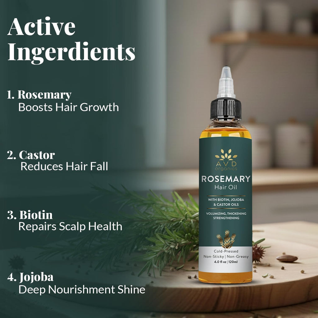 Rosemary Oil for Hair Growth Infused with Biotin, Jojoba & Castor Oil | Hair Strengthening Treatment | Nourishing & Volumizing | Non GMO Verified 120Ml (4Fl Oz)