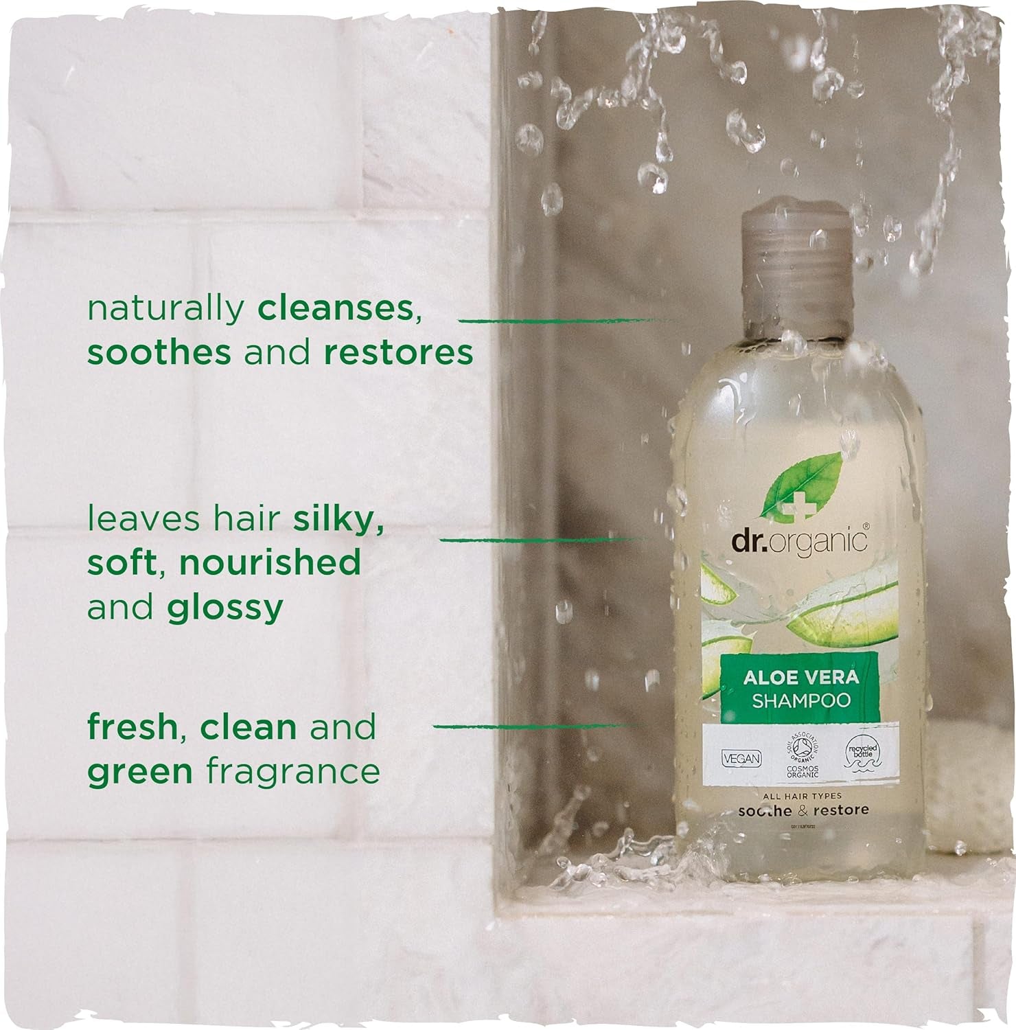 Dr Organic Aloe Vera Shampoo, Soothing, All Hair Types, Natural, Vegan, Cruelty-Free, Paraben & Sls-Free, Recyclable & Recycled Ocean Bound Plastic, Certified Organic, 265Ml, Packaging May Vary