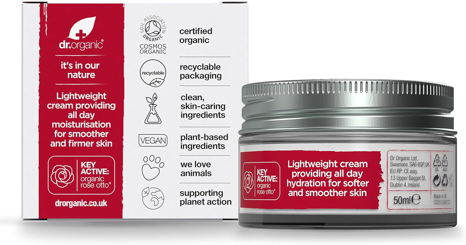 Dr Organic Rose Otto Day Cream, Moisturising, Wrinkles, Mens, Womens, Mature Skin, Natural, Vegan, Cruelty-Free, Paraben & Sls-Free, Plastic Free, Organic, 50Ml, Packaging May Vary