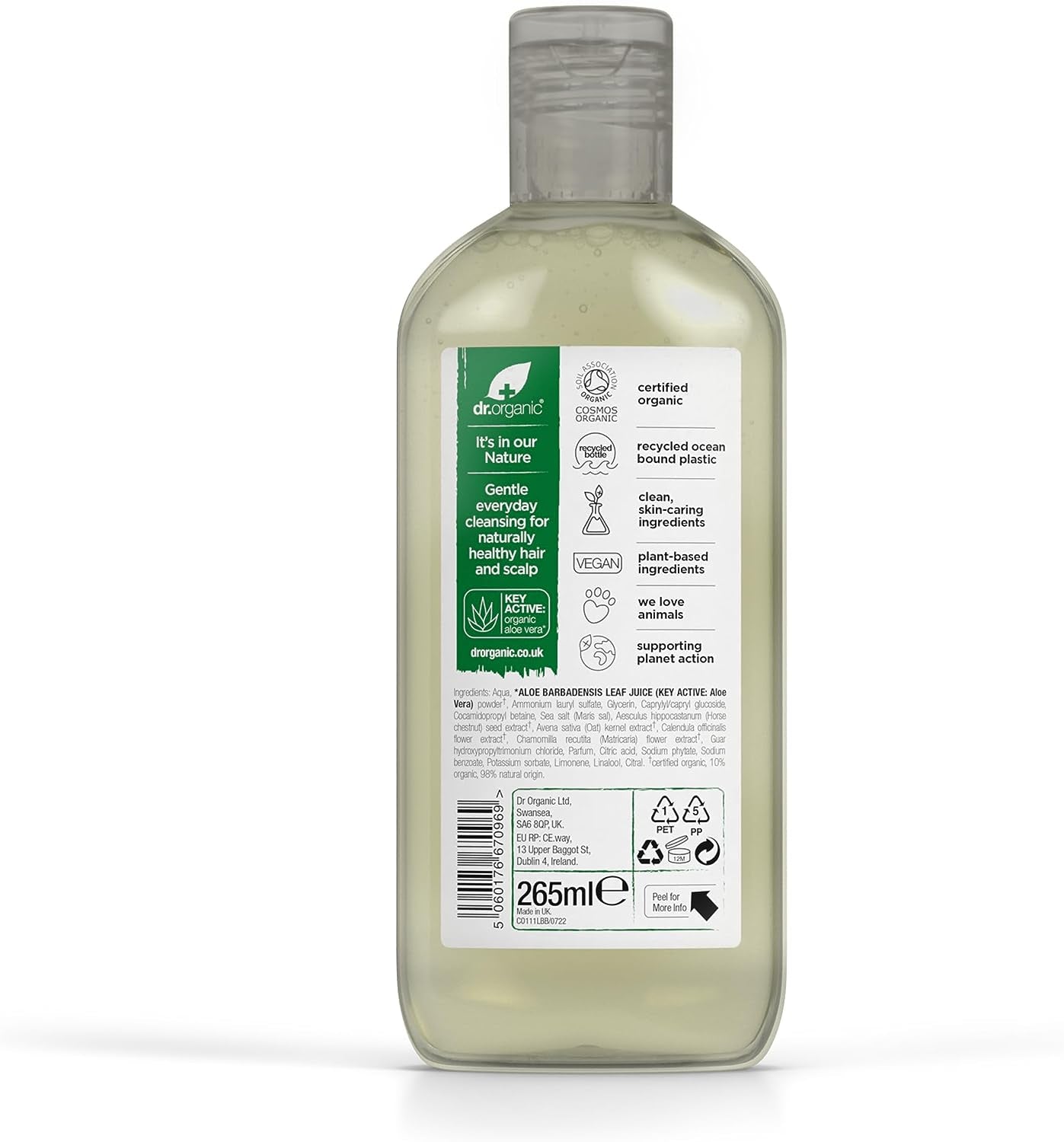 Dr Organic Aloe Vera Shampoo, Soothing, All Hair Types, Natural, Vegan, Cruelty-Free, Paraben & Sls-Free, Recyclable & Recycled Ocean Bound Plastic, Certified Organic, 265Ml, Packaging May Vary