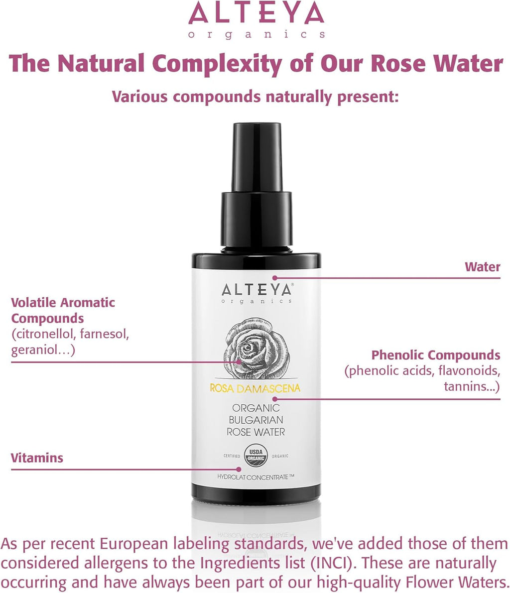 Alteya High-Potency Rose Water USDA Organic Facial Toner, 3000 Roses in a Bottle, 3.4 Fl Oz/100Ml Pure Bulgarian Rosa Damascena Flower Water, Award-Winning Moisturizer in Miron Biophotonic Glass