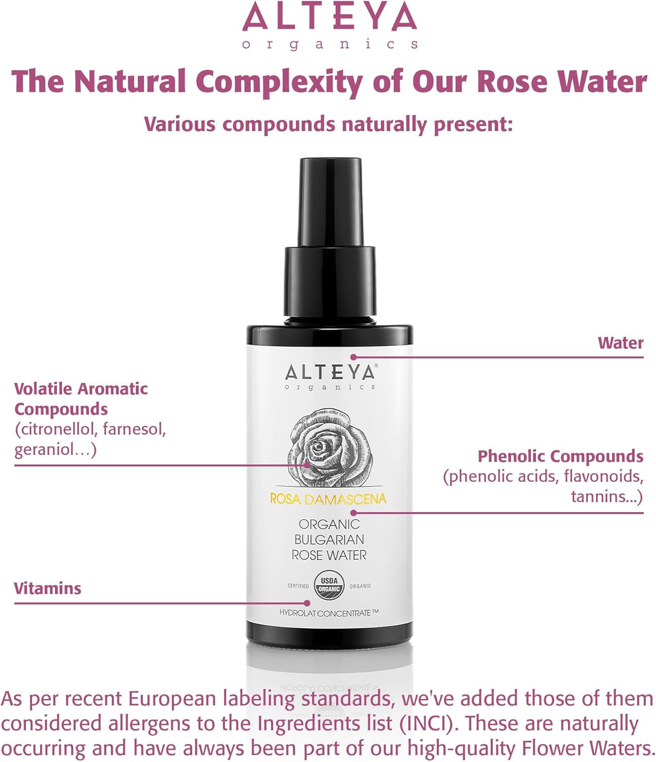 Alteya High-Potency Rose Water USDA Organic Facial Toner, 3000 Roses in a Bottle, 3.4 Fl Oz/100Ml Pure Bulgarian Rosa Damascena Flower Water, Award-Winning Moisturizer in Miron Biophotonic Glass