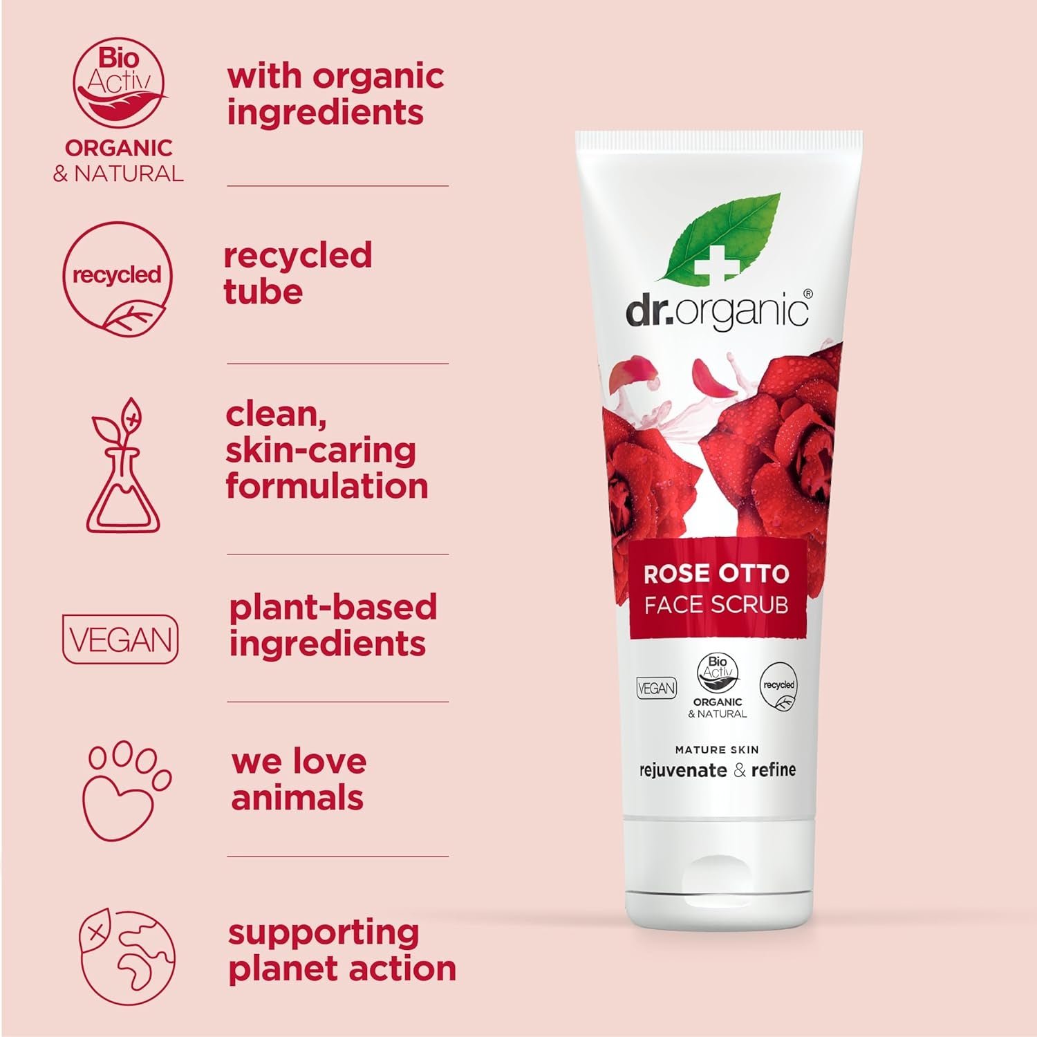 Dr Organic Rose Otto Face Scrub, Exfoliating, Mature Skin, Mens, Womens, Natural, Vegetarian, Cruelty-Free, Paraben & Sls-Free, Organic, Recycled & Recyclable, Organic, 125Ml, Packaging May Vary
