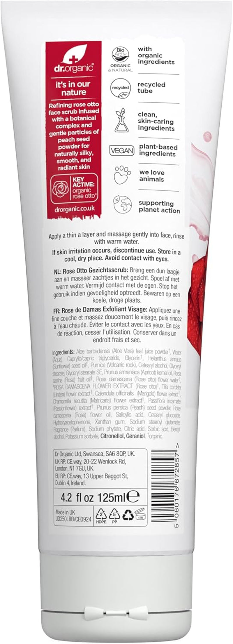 Dr Organic Rose Otto Face Scrub, Exfoliating, Mature Skin, Mens, Womens, Natural, Vegetarian, Cruelty-Free, Paraben & Sls-Free, Organic, Recycled & Recyclable, Organic, 125Ml, Packaging May Vary
