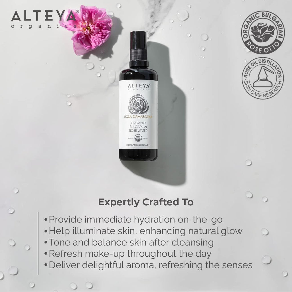 Alteya High-Potency Rose Water USDA Organic Facial Toner, 3000 Roses in a Bottle, 3.4 Fl Oz/100Ml Pure Bulgarian Rosa Damascena Flower Water, Award-Winning Moisturizer in Miron Biophotonic Glass