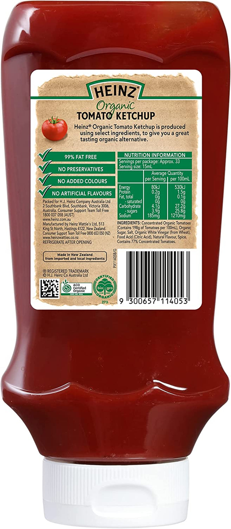Organic Tomato Ketchup Tomato Sauce No Preservatives or Sweeteners Dipping Condiment 500Ml